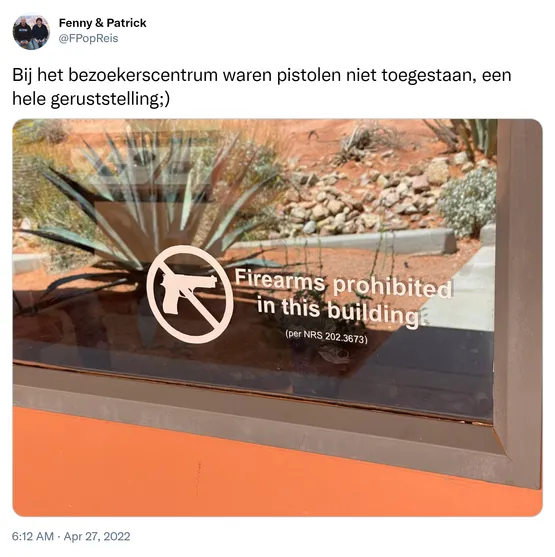 Bij het bezoekerscentrum waren pistolen niet toegestaan, een hele geruststelling;) https://t.co/jqdtGGZlxv
