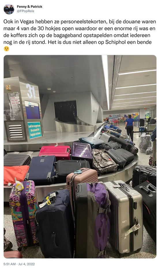 Ook in Vegas hebben ze personeelstekorten, bij de douane waren maar 4 van de 30 hokjes open waardoor er een enorme rij was en de koffers zich op de bagageband opstapelden omdat iedereen nog in de rij stond. Het is dus niet alleen op Schiphol een bende 😉 https://t.co/fWtuaGS6Ab