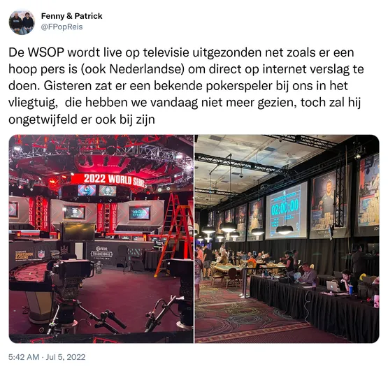 De WSOP wordt live op televisie uitgezonden net zoals er een hoop pers is (ook Nederlandse) om direct op internet verslag te doen. Gisteren zat er een bekende pokerspeler bij ons in het vliegtuig, die hebben we vandaag niet meer gezien, toch zal hij ongetwijfeld er ook bij zijn https://t.co/n5Z4J9r3Mq 