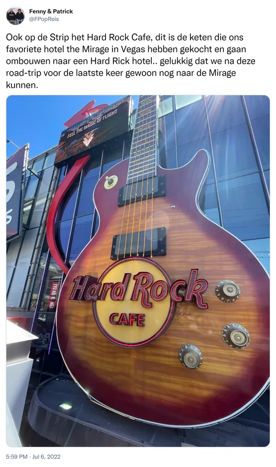 Ook op de Strip het Hard Rock Cafe, dit is de keten die ons favoriete hotel the Mirage in Vegas hebben gekocht en gaan ombouwen naar een Hard Rick hotel.. gelukkig dat we na deze road-trip voor de laatste keer gewoon nog naar de Mirage kunnen. https://t.co/Z2meDnL50E 