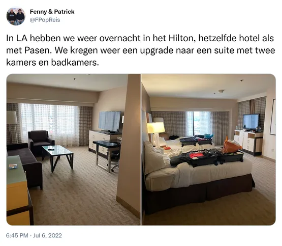 In LA hebben we weer overnacht in het Hilton, hetzelfde hotel als met Pasen. We kregen weer een upgrade naar een suite met twee kamers en badkamers. https://t.co/gT1EGQ9t9t 