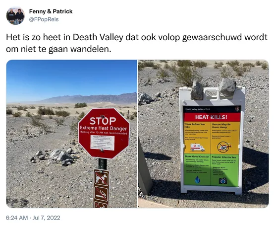 Het is zo heet in Death Valley dat ook volop gewaarschuwd wordt om niet te gaan wandelen. https://t.co/v0hEuYLznx 