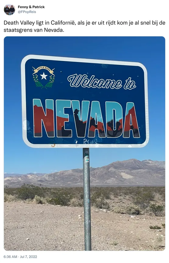 Death Valley ligt in Californië, als je er uit rijdt kom je al snel bij de staatsgrens van Nevada. https://t.co/CtiAvrQT7b 