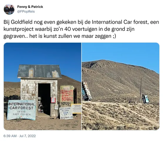 Bij Goldfield nog even gekeken bij de International Car forest, een kunstproject waarbij zo’n 40 voertuigen in de grond zijn gegraven.. het is kunst zullen we maar zeggen ;) https://t.co/MueNcsniav 