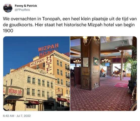 We overnachten in Tonopah, een heel klein plaatsje uit de tijd van de goudkoorts. Hier staat het historische Mizpah hotel van begin 1900 https://t.co/Ftp1kz089n 