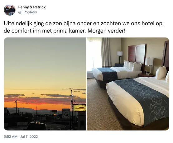 Uiteindelijk ging de zon bijna onder en zochten we ons hotel op, de comfort inn met prima kamer. Morgen verder! https://t.co/7bkakcy72e 