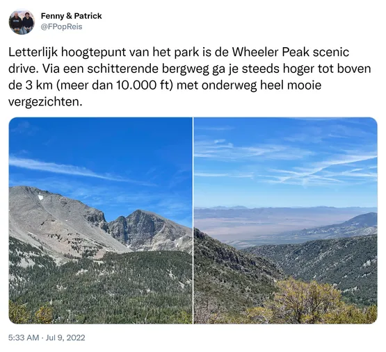 Letterlijk hoogtepunt van het park is de Wheeler Peak scenic drive. Via een schitterende bergweg ga je steeds hoger tot boven de 3 km (meer dan 10.000 ft) met onderweg heel mooie vergezichten. https://t.co/ywqnzmrrsq
