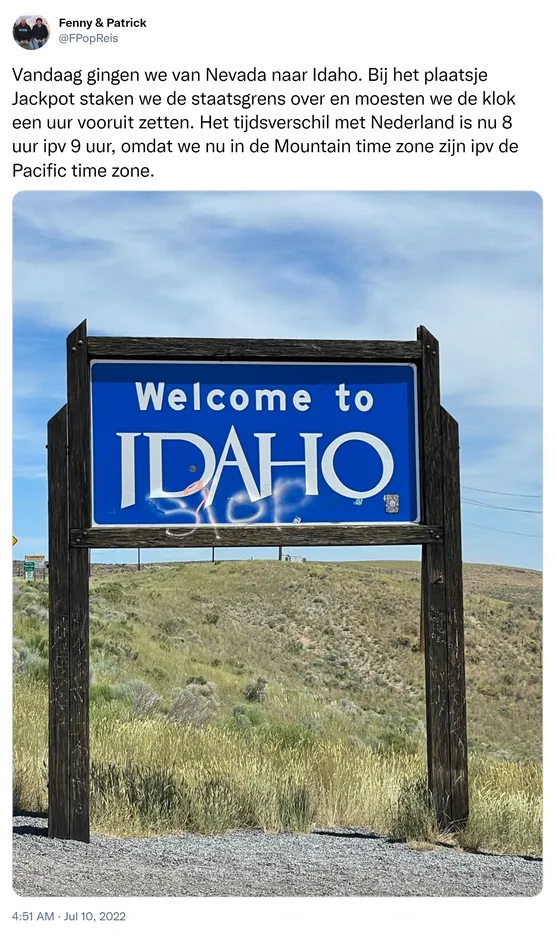 Vandaag gingen we van Nevada naar Idaho. Bij het plaatsje Jackpot staken we de staatsgrens over en moesten we de klok een uur vooruit zetten. Het tijdsverschil met Nederland is nu 8 uur ipv 9 uur, omdat we nu in de Mountain time zone zijn ipv de Pacific time zone. https://t.co/L5Ok9Fi4AW
