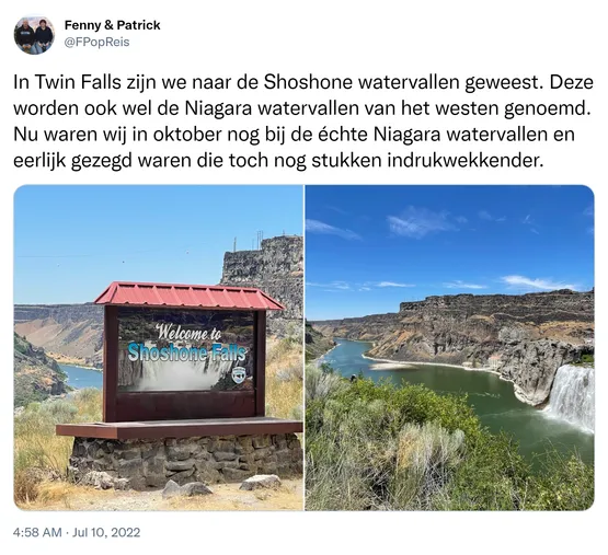 In Twin Falls zijn we naar de Shoshone watervallen geweest. Deze worden ook wel de Niagara watervallen van het westen genoemd. Nu waren wij in oktober nog bij de échte Niagara watervallen en eerlijk gezegd waren die toch nog stukken indrukwekkender. https://t.co/1CuoZsaEgR
