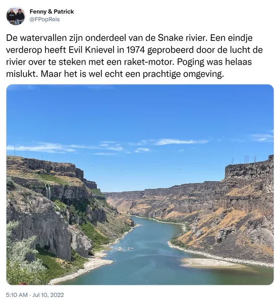 De watervallen zijn onderdeel van de Snake rivier. Een eindje verderop heeft Evil Knievel in 1974 geprobeerd door de lucht de rivier over te steken met een raket-motor. Poging was helaas mislukt. Maar het is wel echt een prachtige omgeving. https://t.co/IFoBJkTbq6 