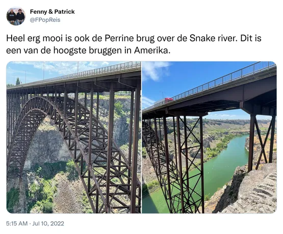 Heel erg mooi is ook de Perrine brug over de Snake river. Dit is een van de hoogste bruggen in Amerika. https://t.co/PLL8W7oX3E 