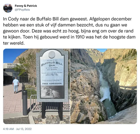 In Cody naar de Buffalo Bill dam geweest. Afgelopen december hebben we een stuk of vijf dammen bezocht, dus nu gaan we gewoon door. Deze was echt zo hoog, bijna eng om over de rand te kijken. Toen hij gebouwd werd in 1910 was het de hoogste dam ter wereld. https://t.co/uDpi4esD9C
