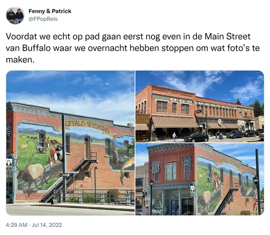 Voordat we echt op pad gaan eerst nog even in de Main Street van Buffalo waar we overnacht hebben stoppen om wat foto’s te maken. https://t.co/TN2I6kuewD
