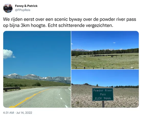 We rijden eerst over een scenic byway over de powder river pass op bijna 3km hoogte. Echt schitterende vergezichten. https://t.co/PDkjfpW9wP 