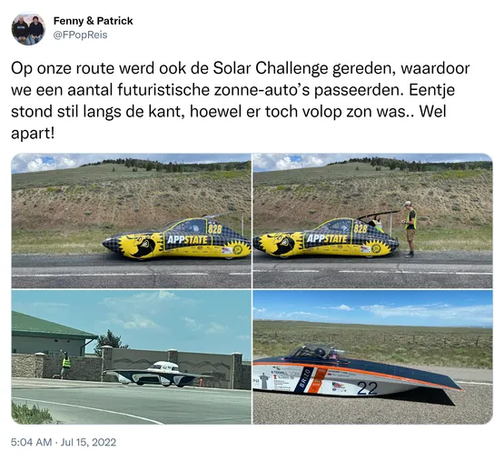 Op onze route werd ook de Solar Challenge gereden, waardoor we een aantal futuristische zonne-auto’s passeerden. Eentje stond stil langs de kant, hoewel er toch volop zon was.. Wel apart! https://t.co/pYp9dhrGYQ
