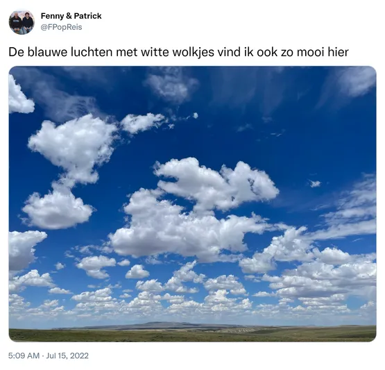 De blauwe luchten met witte wolkjes vind ik ook zo mooi hier https://t.co/TSeKy0UXpJ 