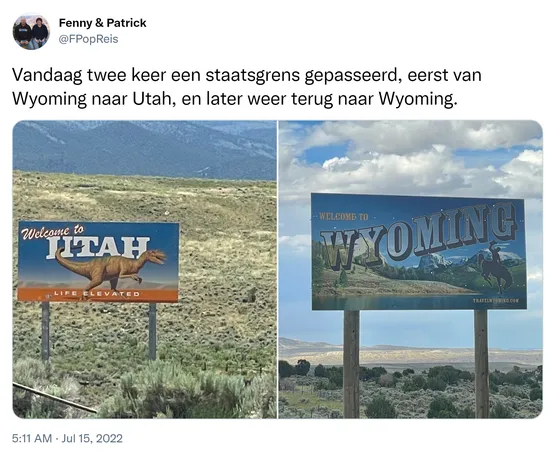 Vandaag twee keer een staatsgrens gepasseerd, eerst van Wyoming naar Utah, en later weer terug naar Wyoming. https://t.co/z3PbfLvxgl
