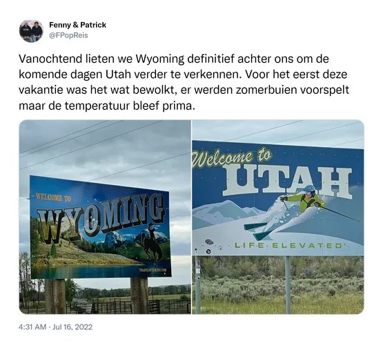Vanochtend lieten we Wyoming definitief achter ons om de komende dagen Utah verder te verkennen. Voor het eerst deze vakantie was het wat bewolkt, er werden zomerbuien voorspelt maar de temperatuur bleef prima. https://t.co/ld6coQHUv7
