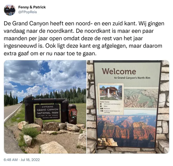 De Grand Canyon heeft een noord- en een zuid kant. Wij gingen vandaag naar de noordkant. De noordkant is maar een paar maanden per jaar open omdat deze de rest van het jaar ingesneeuwd is. Ook ligt deze kant erg afgelegen, maar daarom extra gaaf om er nu naar toe te gaan. https://t.co/nZS42PFjGa
