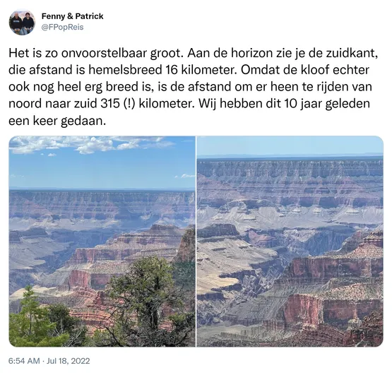 Het is zo onvoorstelbaar groot. Aan de horizon zie je de zuidkant, die afstand is hemelsbreed 16 kilometer. Omdat de kloof echter ook nog heel erg breed is, is de afstand om er heen te rijden van noord naar zuid 315 (!) kilometer. Wij hebben dit 10 jaar geleden een keer gedaan. https://t.co/NHsp41BGn1
