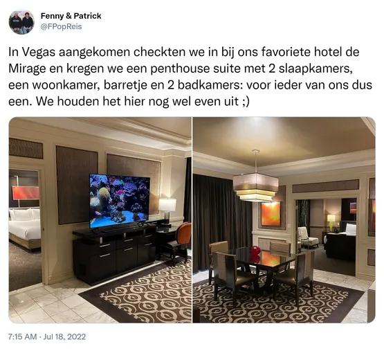 In Vegas aangekomen checkten we in bij ons favoriete hotel de Mirage en kregen we een penthouse suite met 2 slaapkamers, een woonkamer, barretje en 2 badkamers: voor ieder van ons dus een. We houden het hier nog wel even uit ;) https://t.co/hXsSM84Udv
