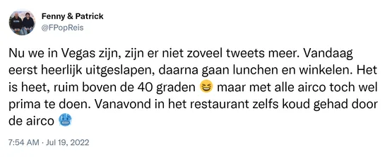 Nu we in Vegas zijn, zijn er niet zoveel tweets meer. Vandaag eerst heerlijk uitgeslapen, daarna gaan lunchen en winkelen. Het is heet, ruim boven de 40 graden 😆 maar met alle airco toch wel prima te doen. Vanavond in het restaurant zelfs koud gehad door de airco 🥶 