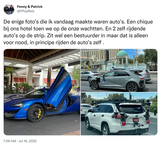 De enige foto’s die ik vandaag maakte waren auto’s. Een chique bij ons hotel toen we op de onze wachtten. En 2 zelf rijdende auto’s op de strip. Zit wel een bestuurder in maar dat is alleen voor nood, in principe rijden de auto’s zelf . https://t.co/Chrh2trTMX 