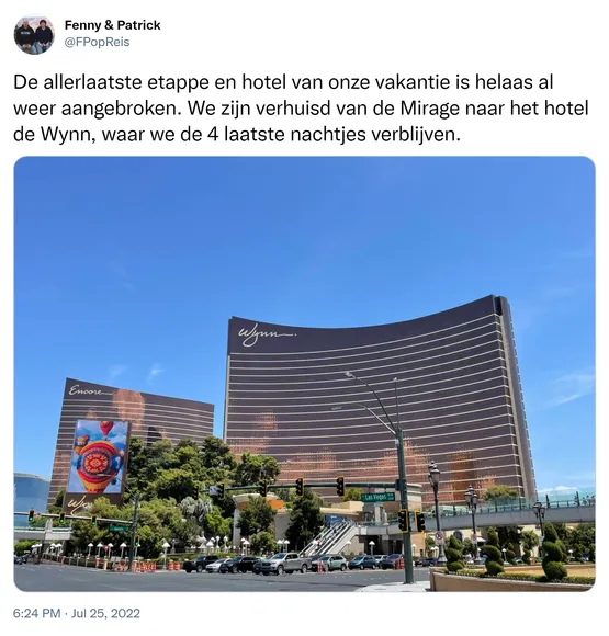 De allerlaatste etappe en hotel van onze vakantie is helaas al weer aangebroken. We zijn verhuisd van de Mirage naar het hotel de Wynn, waar we de 4 laatste nachtjes verblijven. https://t.co/K7I6Shzy9p
