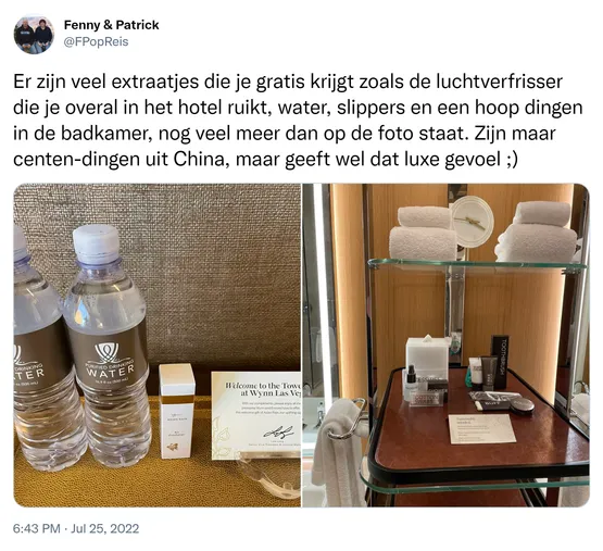 Er zijn veel extraatjes die je gratis krijgt zoals de luchtverfrisser die je overal in het hotel ruikt, water, slippers en een hoop dingen in de badkamer, nog veel meer dan op de foto staat. Zijn maar centen-dingen uit China, maar geeft wel dat luxe gevoel ;) https://t.co/M17cmYDrtO 