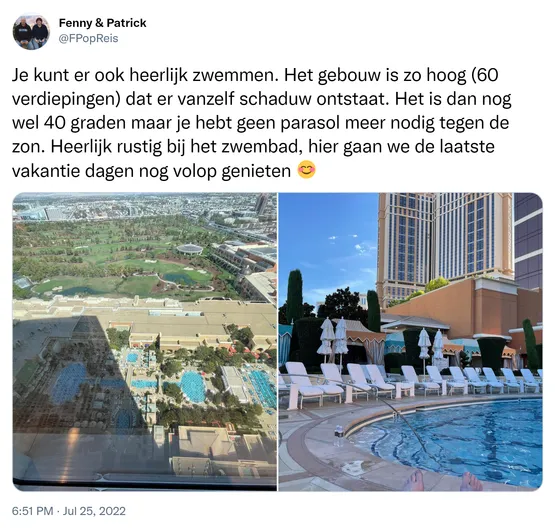 Je kunt er ook heerlijk zwemmen. Het gebouw is zo hoog (60 verdiepingen) dat er vanzelf schaduw ontstaat. Het is dan nog wel 40 graden maar je hebt geen parasol meer nodig tegen de zon. Heerlijk rustig bij het zwembad, hier gaan we de laatste vakantie dagen nog volop genieten 😊 https://t.co/8508AAgUXp
