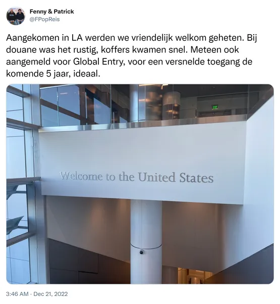 Aangekomen in LA werden we vriendelijk welkom geheten. Bij douane was het rustig, koffers kwamen snel. Meteen ook aangemeld voor Global Entry, voor een versnelde toegang de komende 5 jaar, ideaal. https://t.co/7kbgY8ylou 