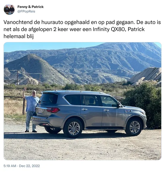 Vanochtend de huurauto opgehaald en op pad gegaan. De auto is net als de afgelopen 2 keer weer een Infinity QX80, Patrick helemaal blij https://t.co/V7zVVq8XiR