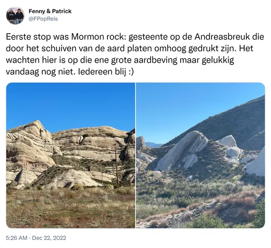 Eerste stop was Mormon rock: gesteente op de Andreasbreuk die door het schuiven van de aard platen omhoog gedrukt zijn. Het wachten hier is op die ene grote aardbeving maar gelukkig vandaag nog niet. Iedereen blij :) https://t.co/TQwlkhu1zs
