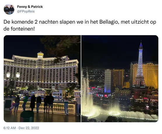 De komende 2 nachten slapen we in het Bellagio, met uitzicht op de fonteinen! https://t.co/BxATVfUPUL