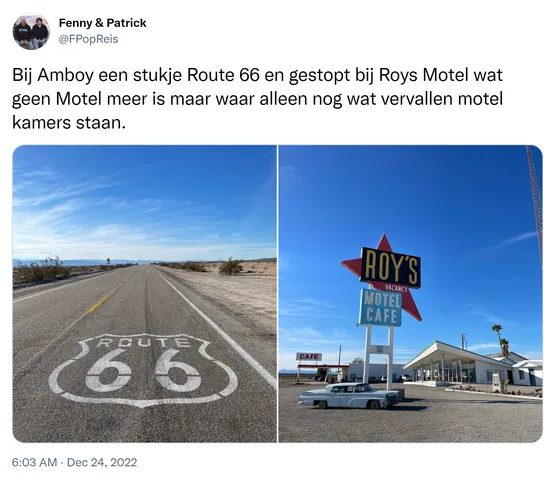 Bij Amboy een stukje Route 66 en gestopt bij Roys Motel wat geen Motel meer is maar waar alleen nog wat vervallen motel kamers staan. https://t.co/ekzdL7EL95
