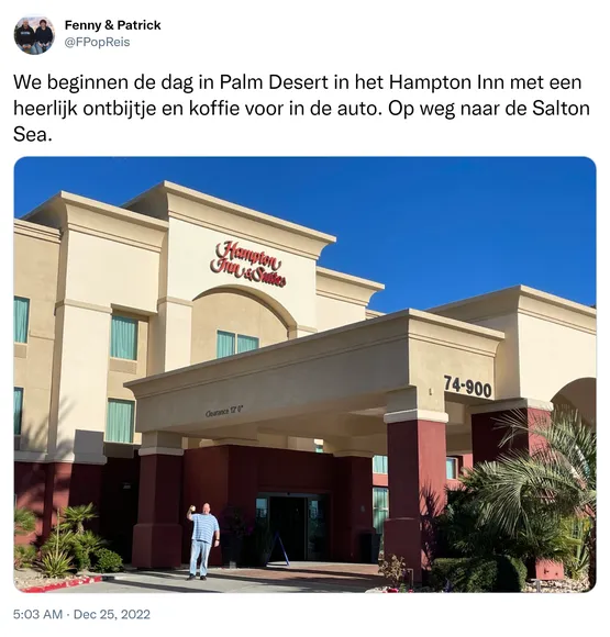 We beginnen de dag in Palm Desert in het Hampton Inn met een heerlijk ontbijtje en koffie voor in de auto. Op weg naar de Salton Sea. https://t.co/tu89mxOaUD
