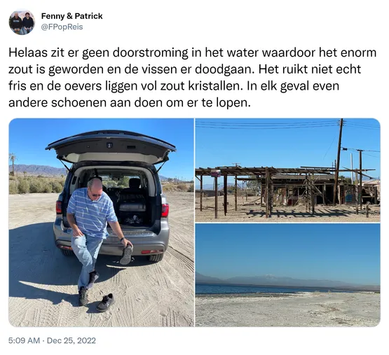 Helaas zit er geen doorstroming in het water waardoor het enorm zout is geworden en de vissen er doodgaan. Het ruikt niet echt fris en de oevers liggen vol zout kristallen. In elk geval even andere schoenen aan doen om er te lopen. https://t.co/pCLoG2BWE1
