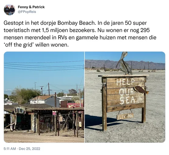 Gestopt in het dorpje Bombay Beach. In de jaren 50 super toeristisch met 1,5 miljoen bezoekers. Nu wonen er nog 295 mensen merendeel in RVs en gammele huizen met mensen die ‘off the grid’ willen wonen. https://t.co/qDZykHMSau 