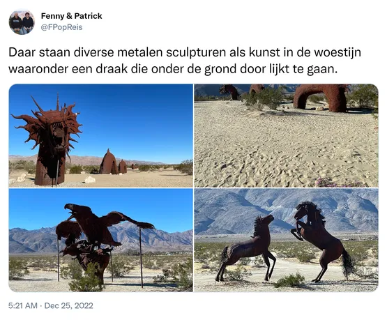 Daar staan diverse metalen sculpturen als kunst in de woestijn waaronder een draak die onder de grond door lijkt te gaan. https://t.co/nTLw5VvjFI