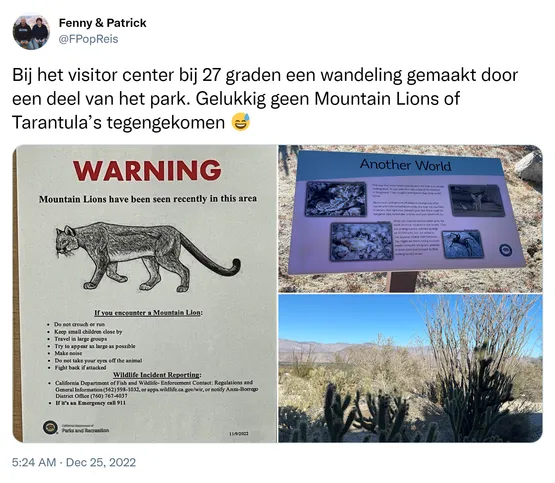 Bij het visitor center bij 27 graden een wandeling gemaakt door een deel van het park. Gelukkig geen Mountain Lions of Tarantula’s tegengekomen 😅 https://t.co/EMf47FEiZx
