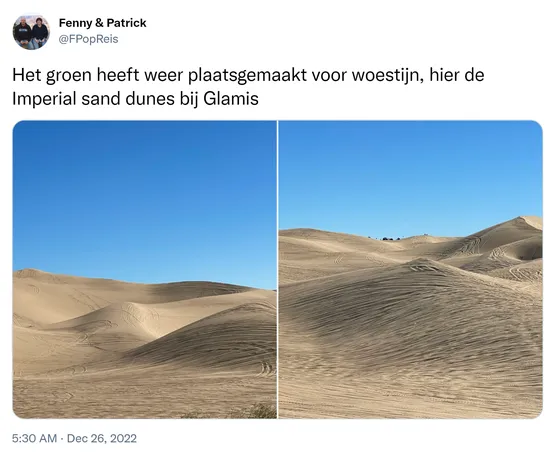 Het groen heeft weer plaatsgemaakt voor woestijn, hier de Imperial sand dunes bij Glamis https://t.co/lvbFdCvSUP
