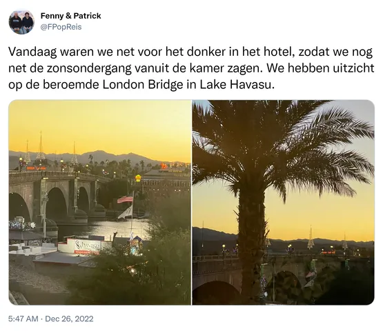 Vandaag waren we net voor het donker in het hotel, zodat we nog net de zonsondergang vanuit de kamer zagen. We hebben uitzicht op de beroemde London Bridge in Lake Havasu. https://t.co/Ci7c9MoROC 