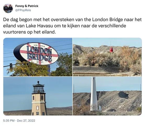 De dag begon met het oversteken van the London Bridge naar het eiland van Lake Havasu om te kijken naar de verschillende vuurtorens op het eiland. https://t.co/iKrzMliYta
