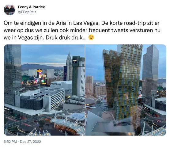 Om te eindigen in de Aria in Las Vegas. De korte road-trip zit er weer op dus we zullen ook minder frequent tweets versturen nu we in Vegas zijn. Druk druk druk… 😉 https://t.co/ymPyI05QiK