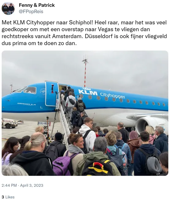 Met KLM Cityhopper naar Schiphol! Heel raar, maar het was veel goedkoper om met een overstap naar Vegas te vliegen dan rechtstreeks vanuit Amsterdam. Düsseldorf is ook fijner vliegveld dus prima om te doen zo dan. https://t.co/rrORdYfNvU 