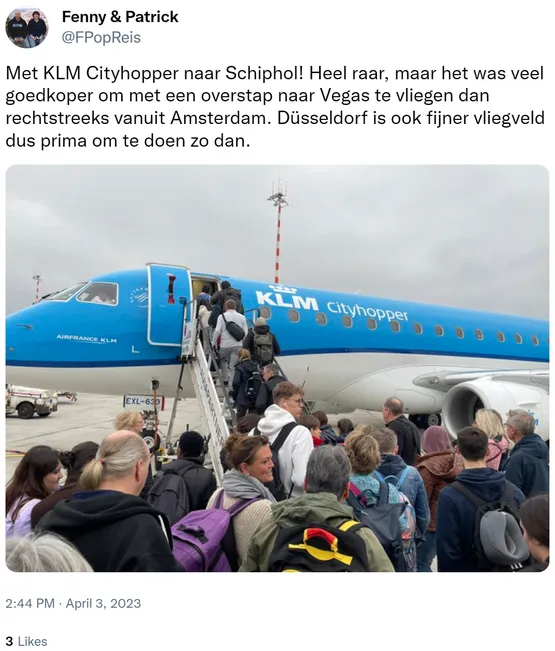 Met KLM Cityhopper naar Schiphol! Heel raar, maar het was veel goedkoper om met een overstap naar Vegas te vliegen dan rechtstreeks vanuit Amsterdam. Düsseldorf is ook fijner vliegveld dus prima om te doen zo dan. https://t.co/rrORdYfNvU
