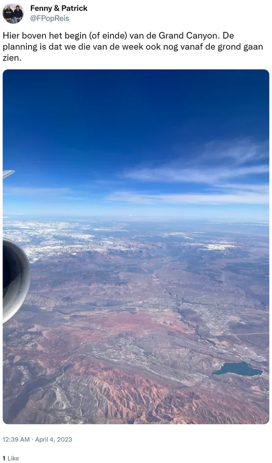 Hier boven het begin (of einde) van de Grand Canyon. De planning is dat we die van de week ook nog vanaf de grond gaan zien. https://t.co/QZMF1YnQzq
