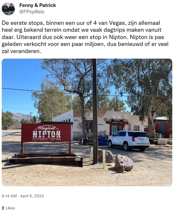 De eerste stops, binnen een uur of 4 van Vegas, zijn allemaal heel erg bekend terrein omdat we vaak dagtrips maken vanuit daar. Uiteraard dus ook weer een stop in Nipton. Nipton is pas geleden verkocht voor een paar miljoen, dus benieuwd of er veel zal veranderen. https://t.co/ddaw0p9xrZ
