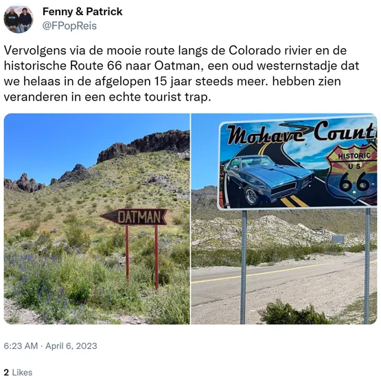 Vervolgens via de mooie route langs de Colorado rivier en de historische Route 66 naar Oatman, een oud westernstadje dat we helaas in de afgelopen 15 jaar steeds meer. hebben zien veranderen in een echte tourist trap. https://t.co/ZTxS79F2TT
