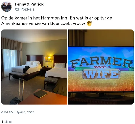 Op de kamer in het Hampton Inn. En wat is er op tv: de Amerikaanse versie van Boer zoekt vrouw ?? https://t.co/uMblOC13GP 